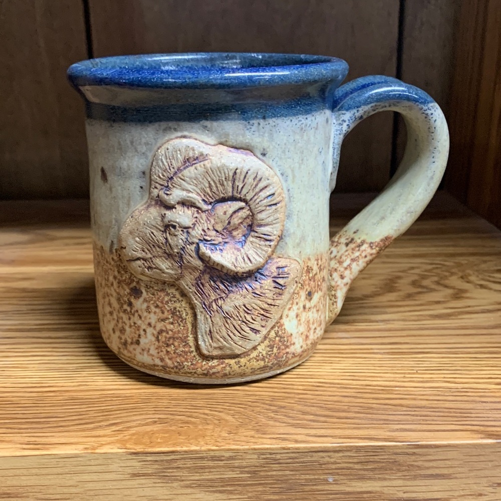 Handcrafted Ceramic Mug with Ram Design - Blue and Brown